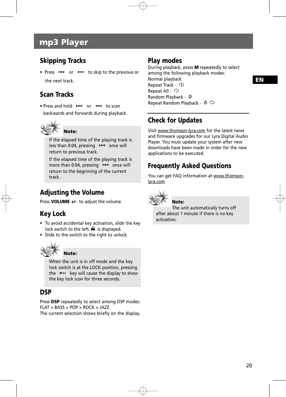 Mp3 player, Skipping tracks, Scan tracks | Adjusting the volume, Key lock, Play modes, Check for updates, Frequently asked questions | RCA RS2100 User Manual | Page 25 / 31