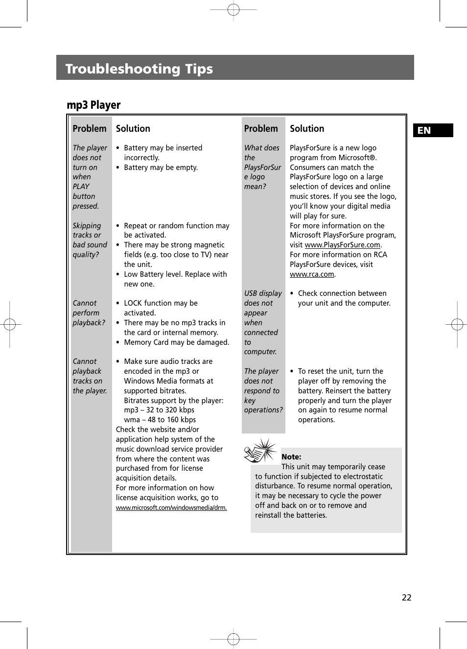 Troubleshooting tips, Mp3 player | RCA RS2100 User Manual | Page 27 / 31