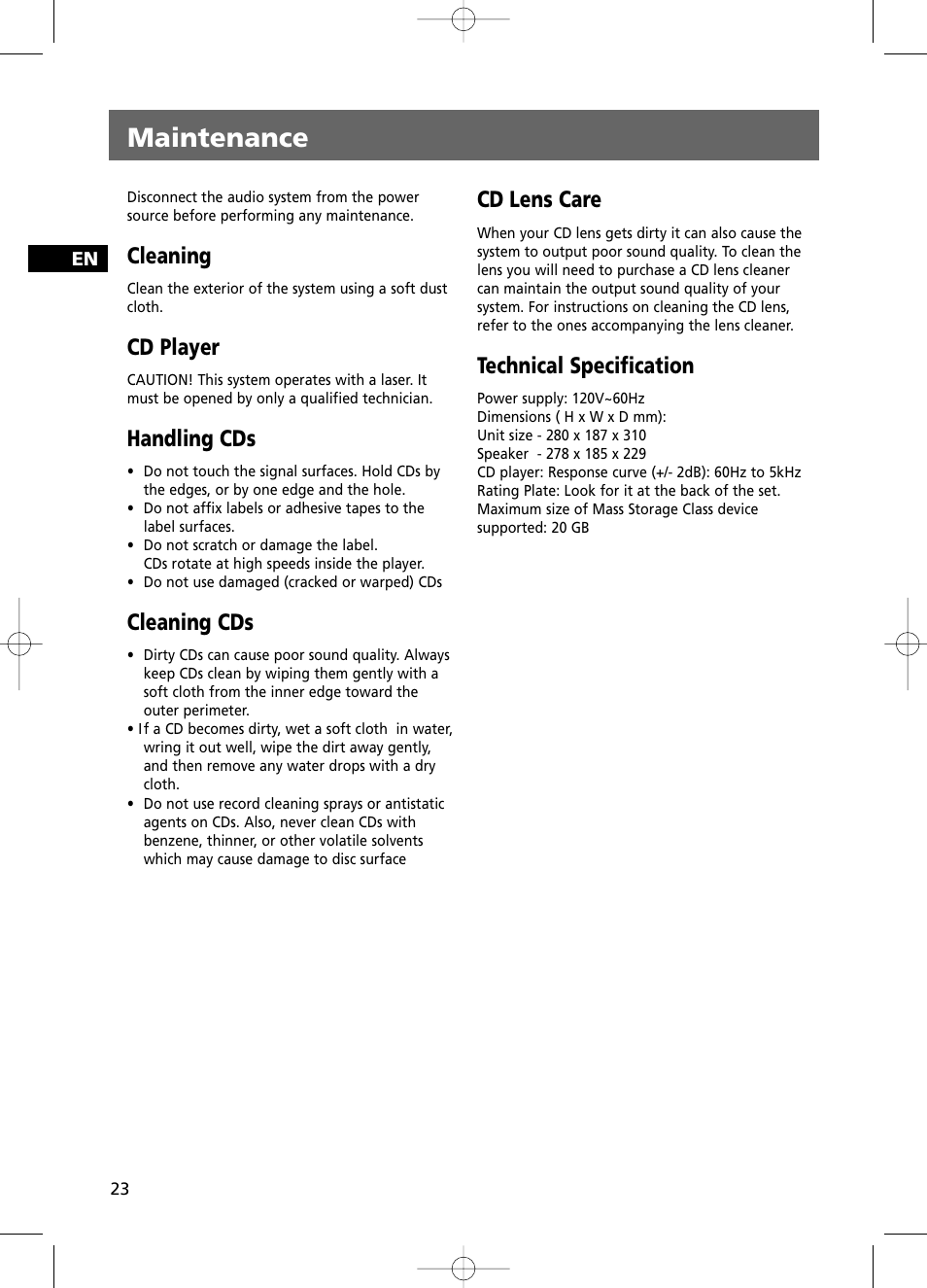 Maintenance, Cleaning, Cd player | Handling cds, Cleaning cds, Cd lens care, Technical specification | RCA RS2100 User Manual | Page 28 / 31