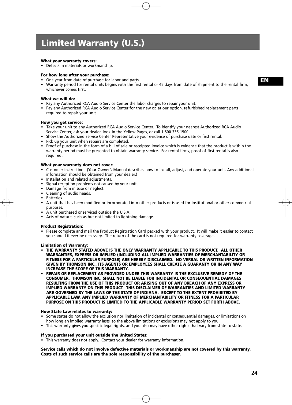 Limited warranty (u.s.) | RCA RS2100 User Manual | Page 29 / 31
