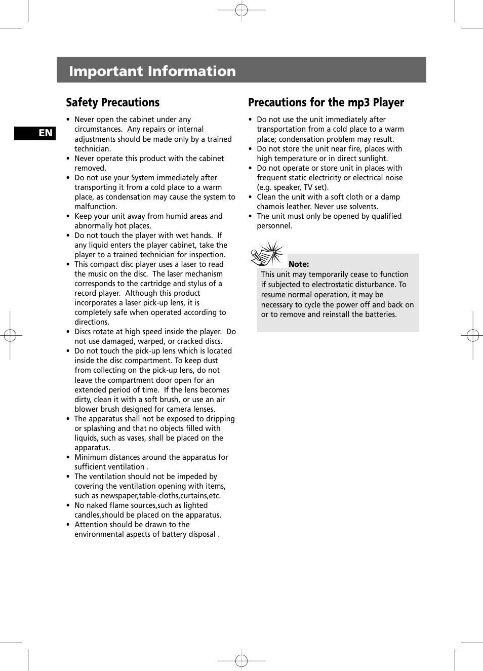 Important information, Safety precautions, Precautions for the mp3 player | RCA RS2100 User Manual | Page 4 / 31