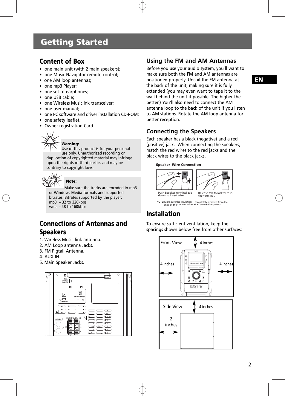 Getting started, Content of box, Connections of antennas and speakers | Installation, Using the fm and am antennas, Connecting the speakers | RCA RS2100 User Manual | Page 7 / 31