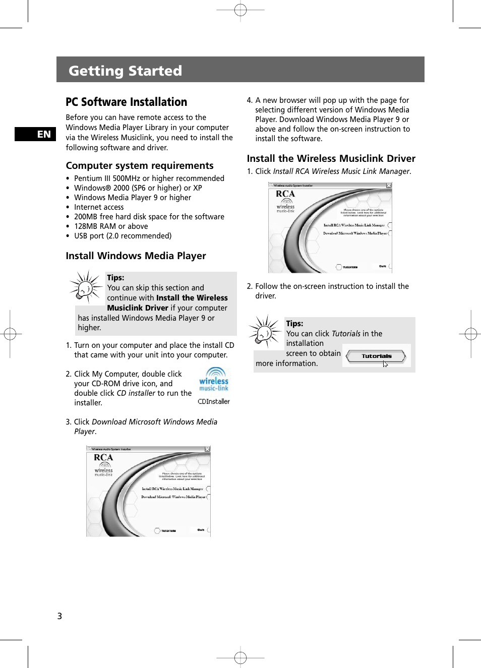 Getting started, Pc software installation | RCA RS2100 User Manual | Page 8 / 31