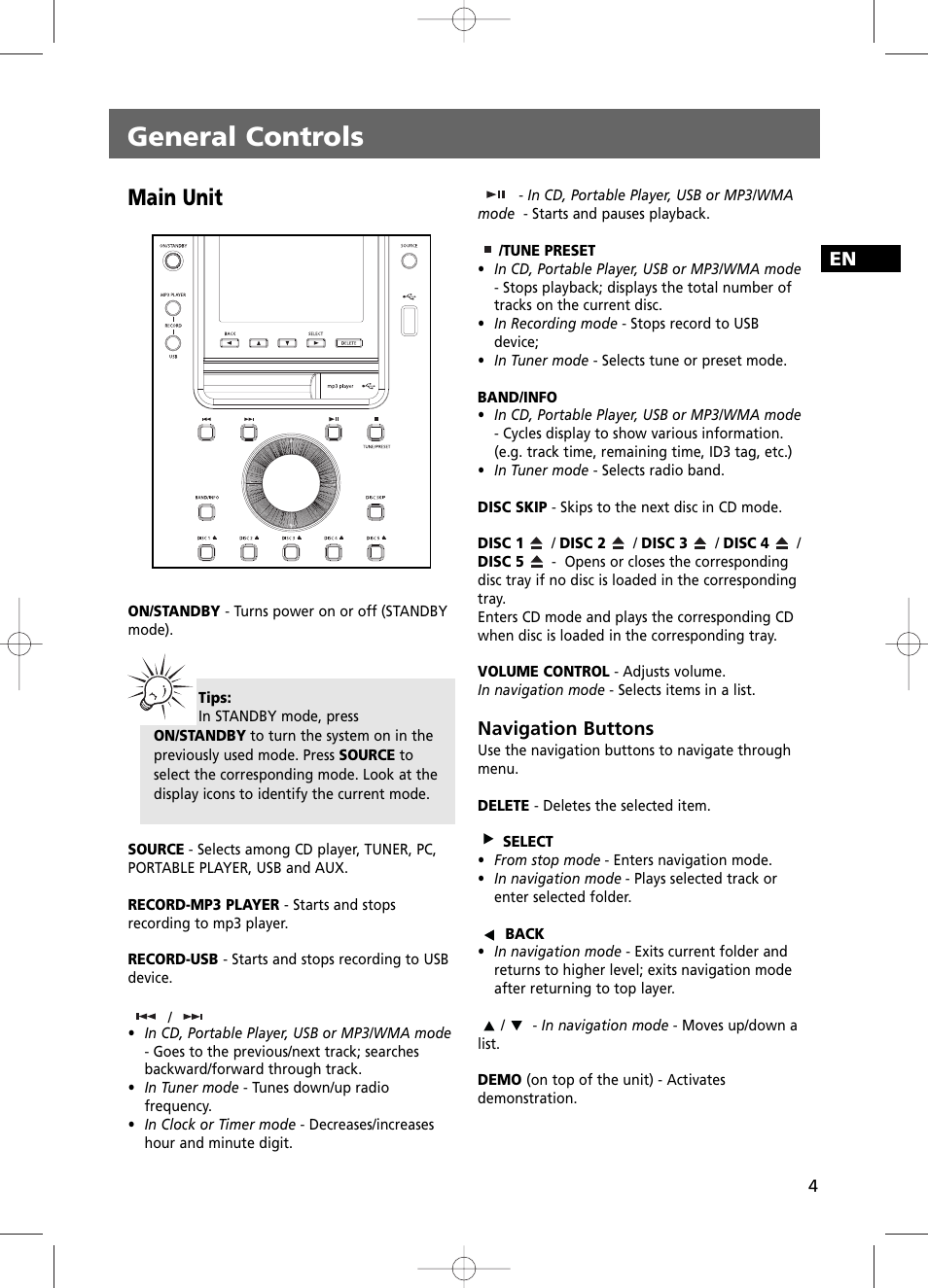 General controls, Main unit | RCA RS2100 User Manual | Page 9 / 31