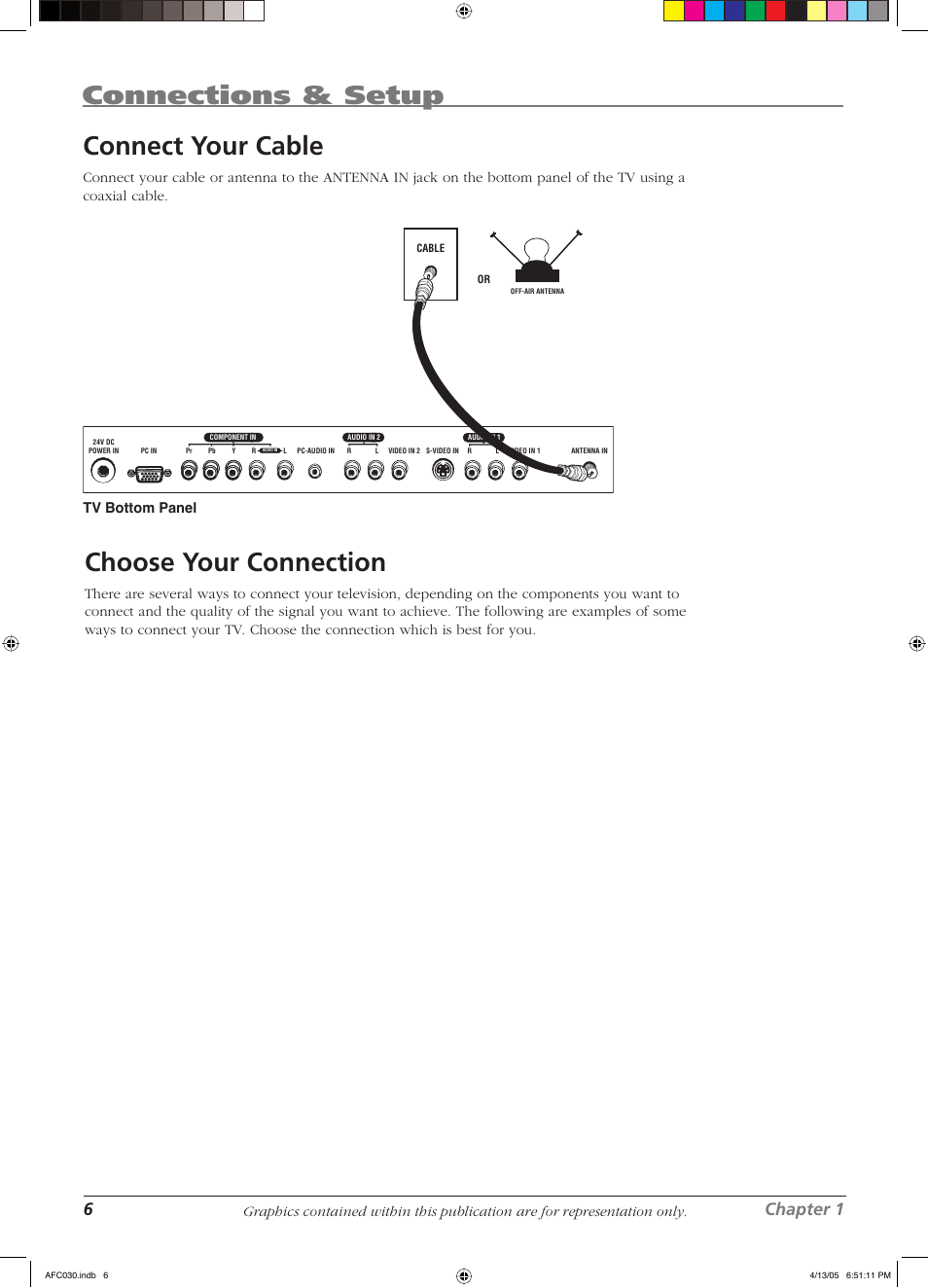 Connections & setup, Connect your cable, Choose your connection | 6chapter 1, Tv bottom panel | RCA L23W10 User Manual | Page 10 / 36