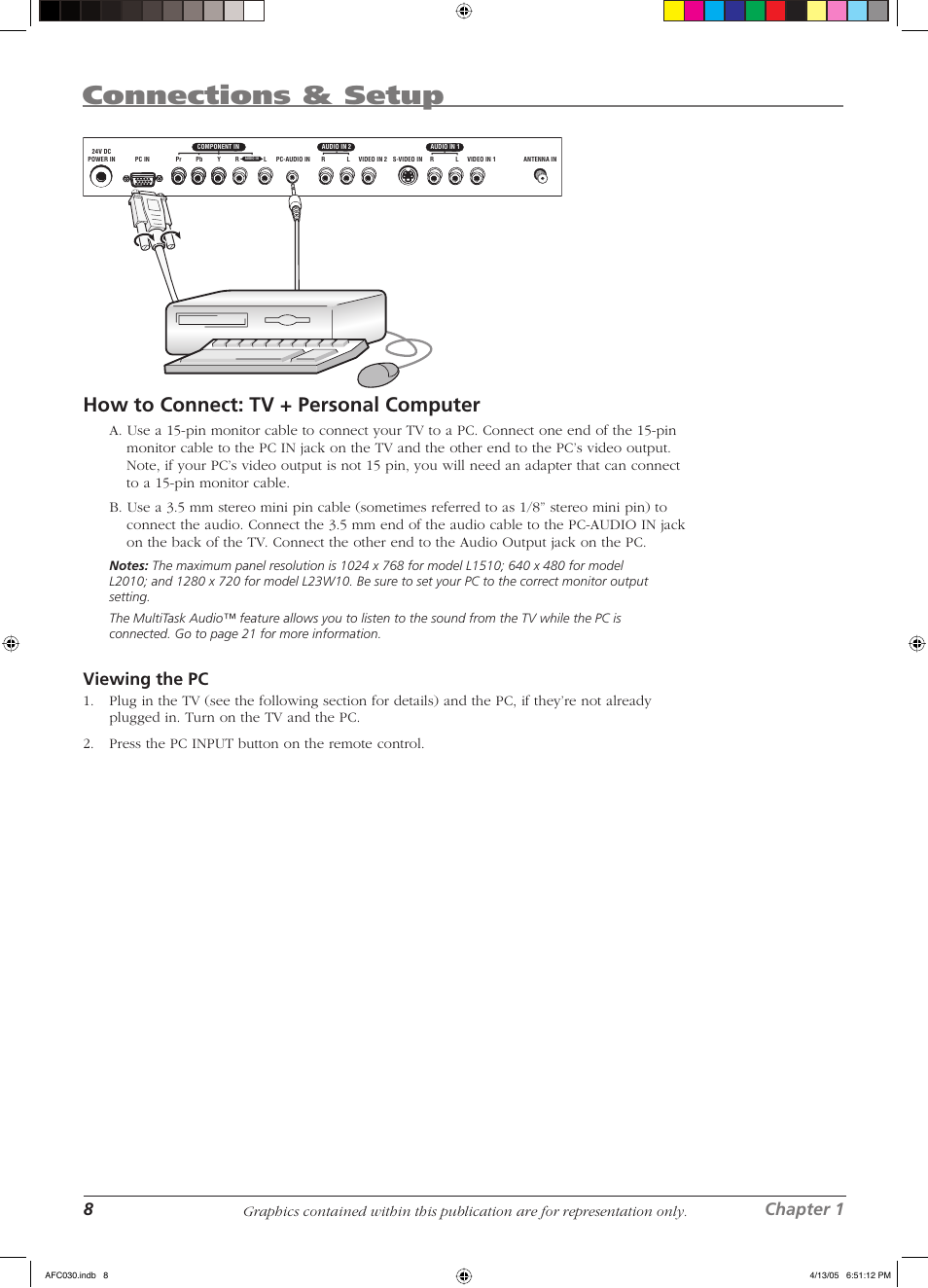 Connections & setup, How to connect: tv + personal computer, 8chapter 1 | Viewing the pc | RCA L23W10 User Manual | Page 12 / 36