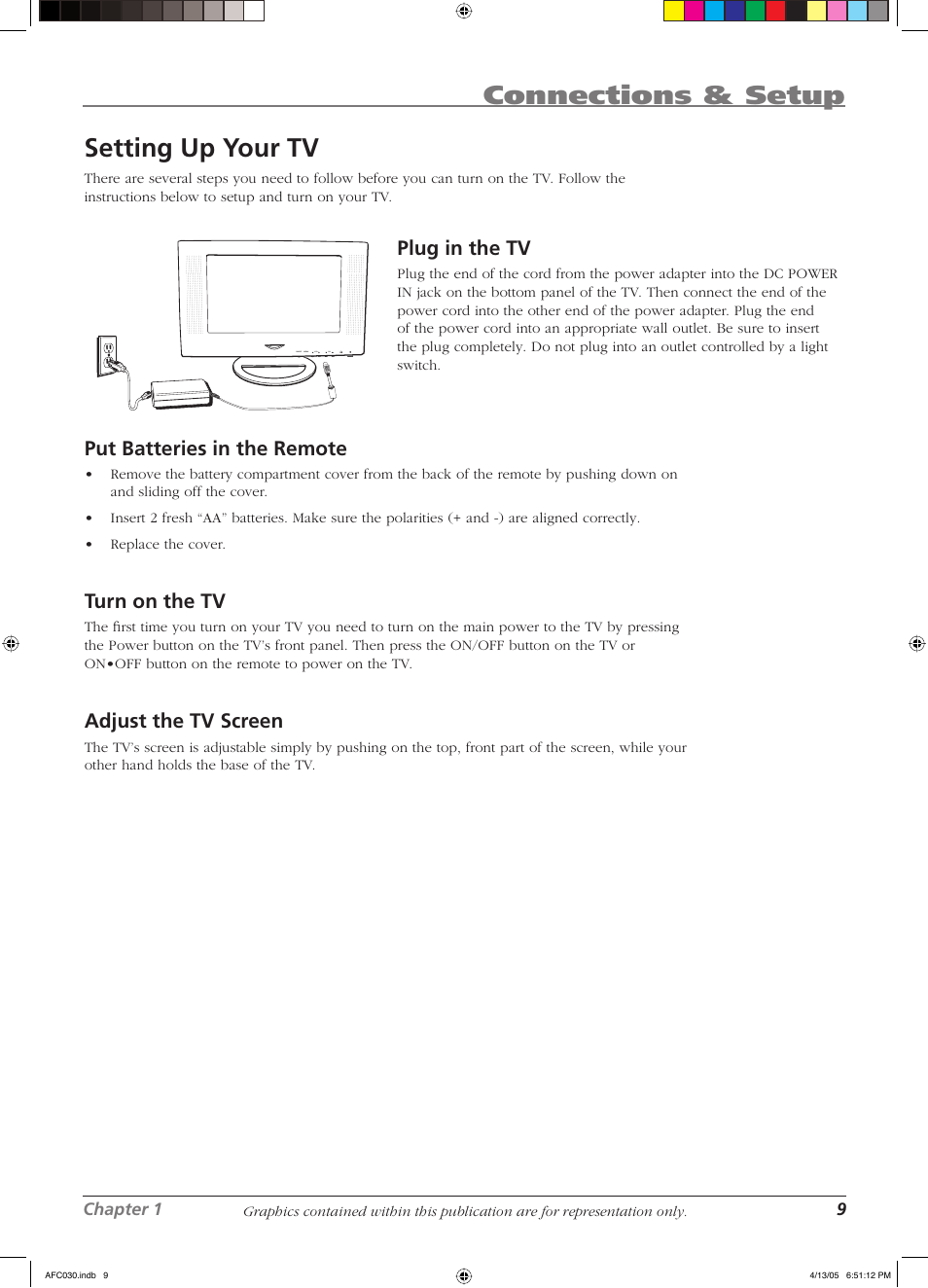 Connections & setup, Setting up your tv, Plug in the tv | Put batteries in the remote, Turn on the tv, Adjust the tv screen | RCA L23W10 User Manual | Page 13 / 36