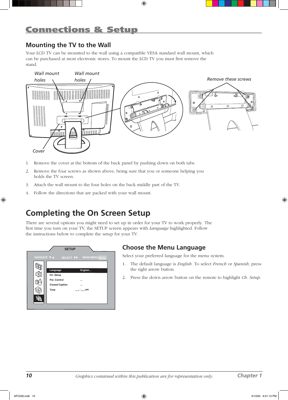 Connections & setup, Completing the on screen setup, Mounting the tv to the wall | Choose the menu language, 10 chapter 1 | RCA L23W10 User Manual | Page 14 / 36