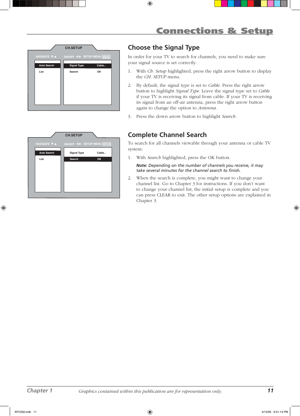 Connections & setup, Choose the signal type, Complete channel search | Chapter 1 11 | RCA L23W10 User Manual | Page 15 / 36