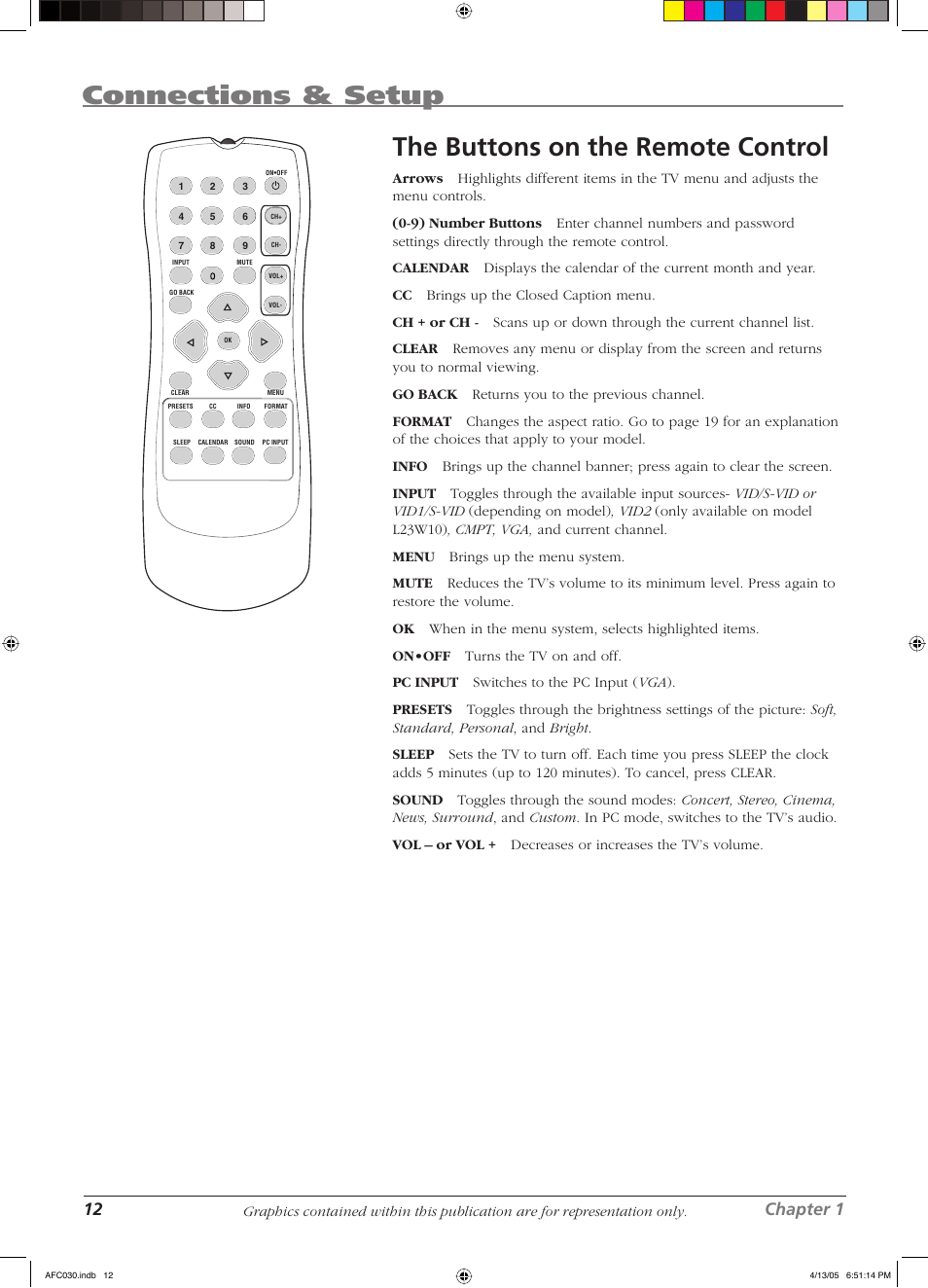 Connections & setup, The buttons on the remote control, 12 chapter 1 | RCA L23W10 User Manual | Page 16 / 36