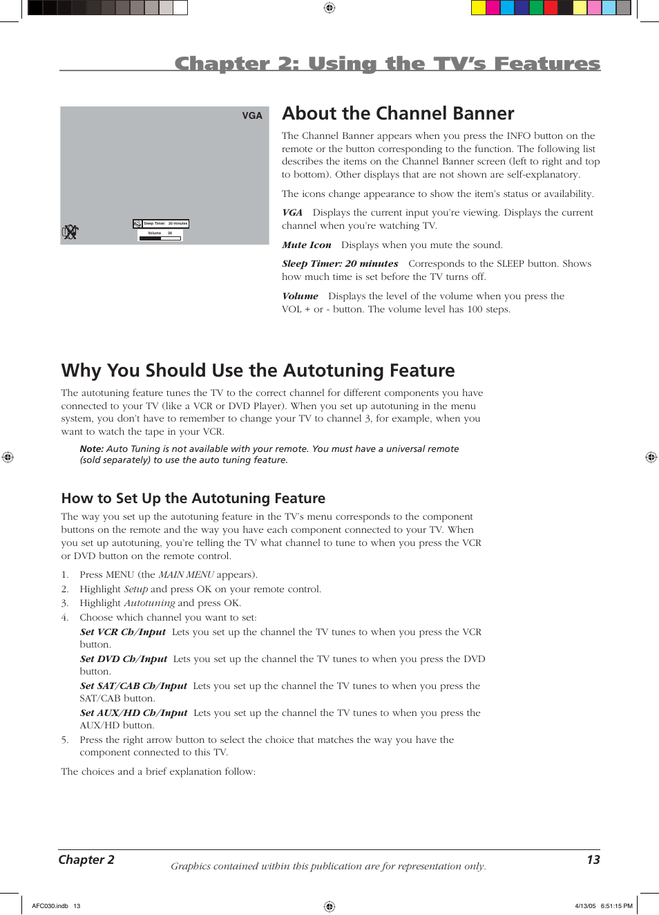 Chapter 2: using the tv’s features, About the channel banner, Why you should use the autotuning feature | How to set up the autotuning feature, Chapter 2 13 | RCA L23W10 User Manual | Page 17 / 36