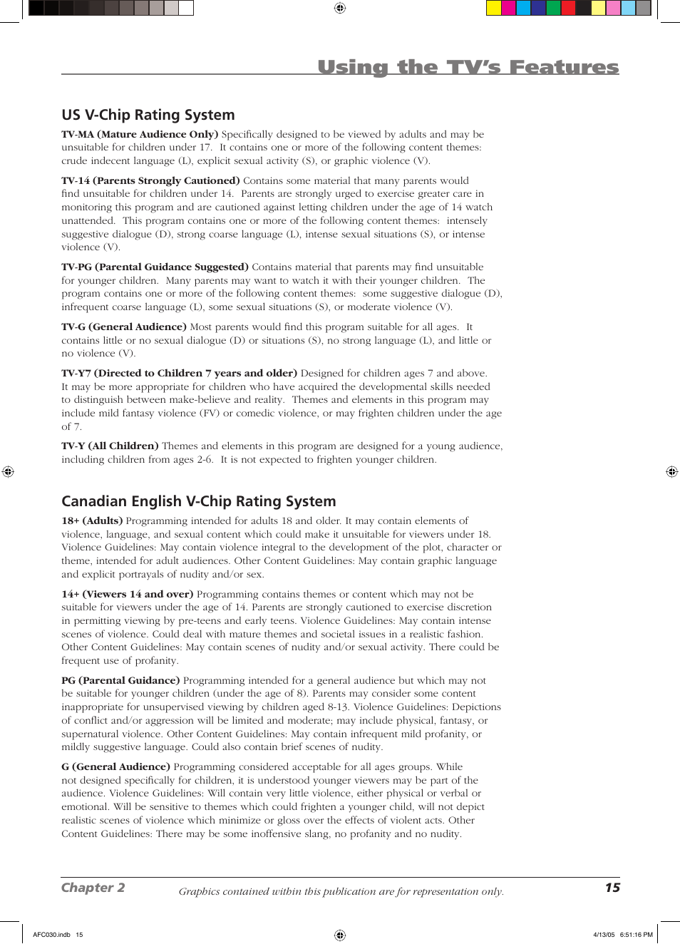 Using the tv’s features, Us v-chip rating system, Canadian english v-chip rating system | RCA L23W10 User Manual | Page 19 / 36