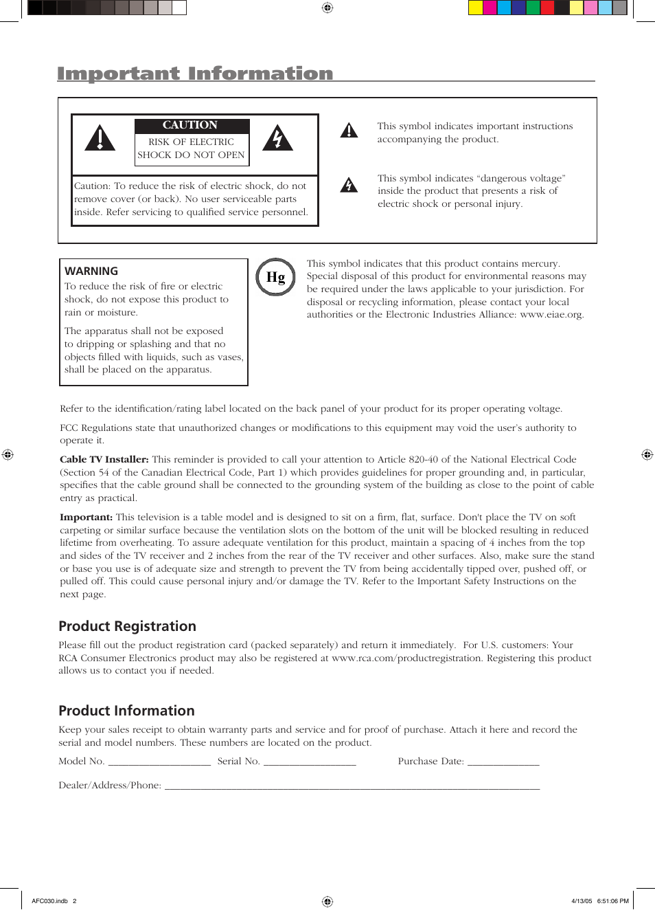 Important information, Product registration, Product information | RCA L23W10 User Manual | Page 2 / 36