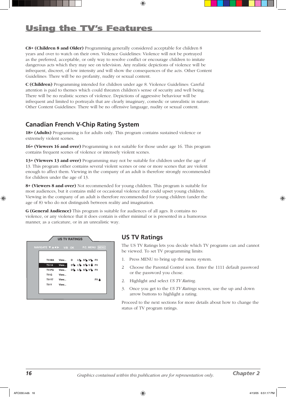 Using the tv’s features, Canadian french v-chip rating system, Us tv ratings | 16 chapter 2 | RCA L23W10 User Manual | Page 20 / 36