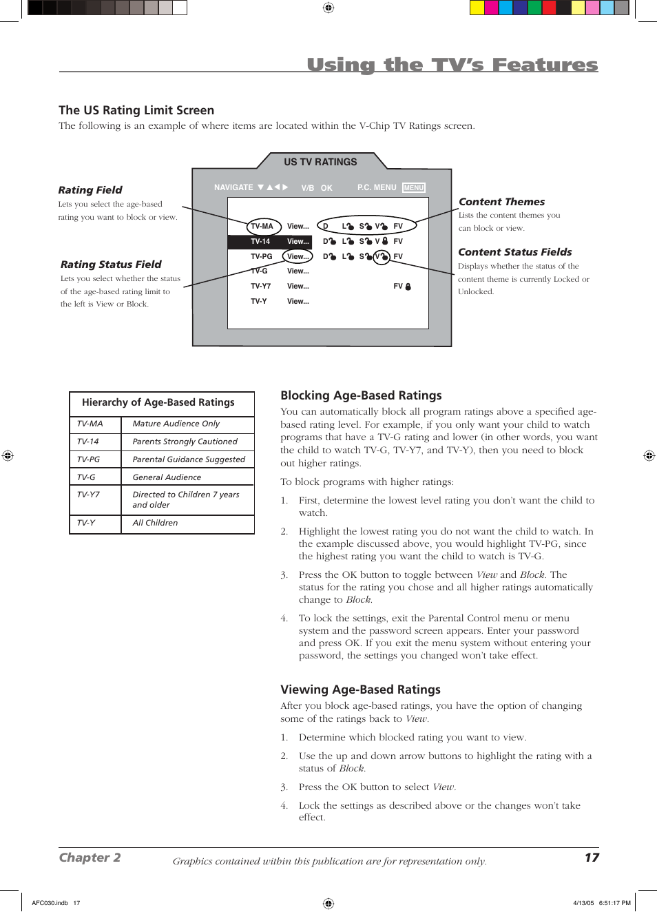 Using the tv’s features, Chapter 2 17, The us rating limit screen | Blocking age-based ratings, Viewing age-based ratings | RCA L23W10 User Manual | Page 21 / 36