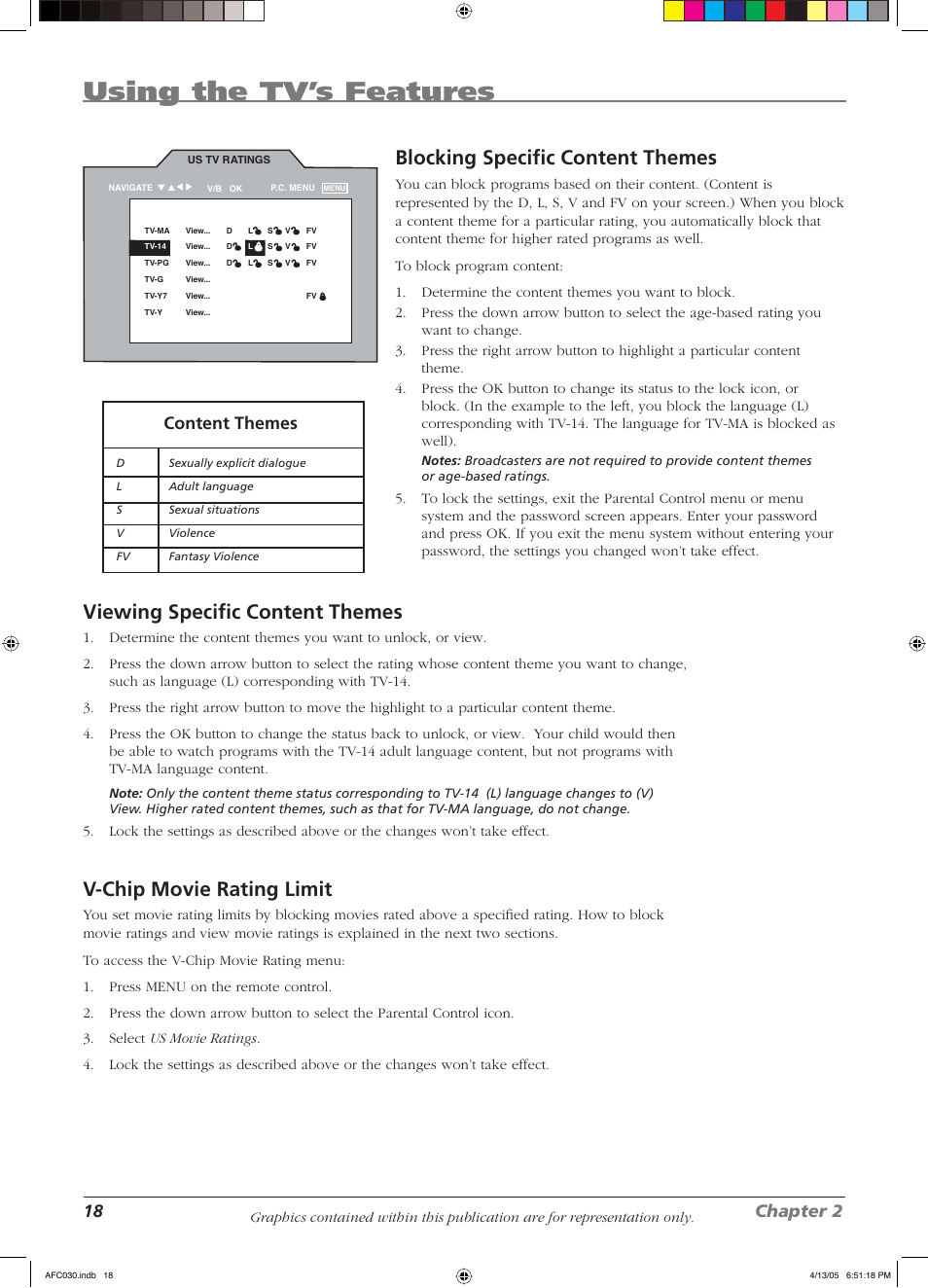 Using the tv’s features, Blocking specifi c content themes, Viewing specifi c content themes | V-chip movie rating limit, 18 chapter 2, Content themes | RCA L23W10 User Manual | Page 22 / 36