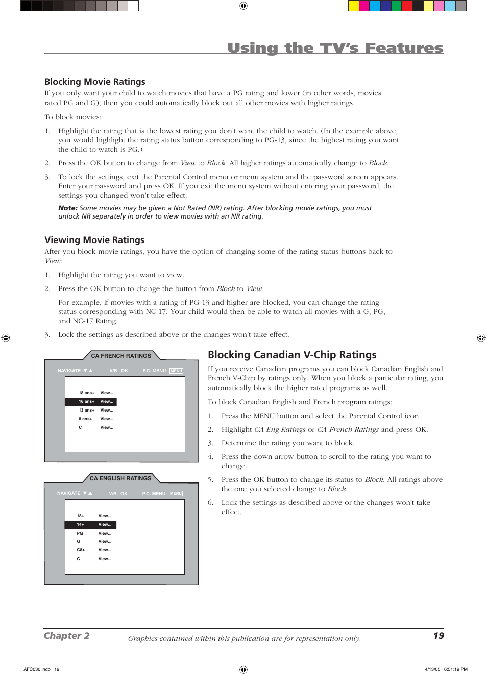 Using the tv’s features, Blocking canadian v-chip ratings, Chapter 2 19 | Blocking movie ratings, Viewing movie ratings | RCA L23W10 User Manual | Page 23 / 36