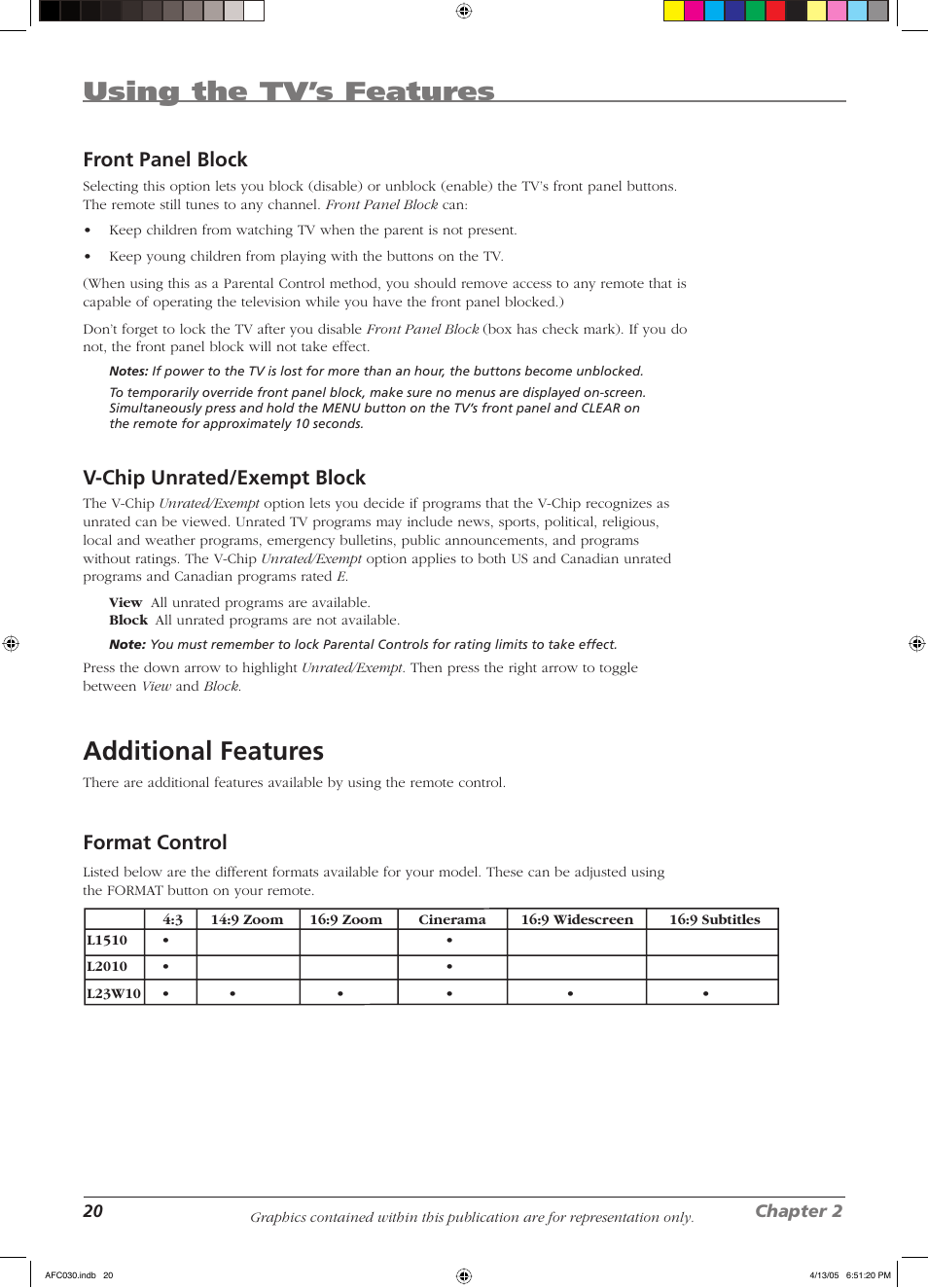 Using the tv’s features, Additional features, Front panel block | V-chip unrated/exempt block, Format control | RCA L23W10 User Manual | Page 24 / 36