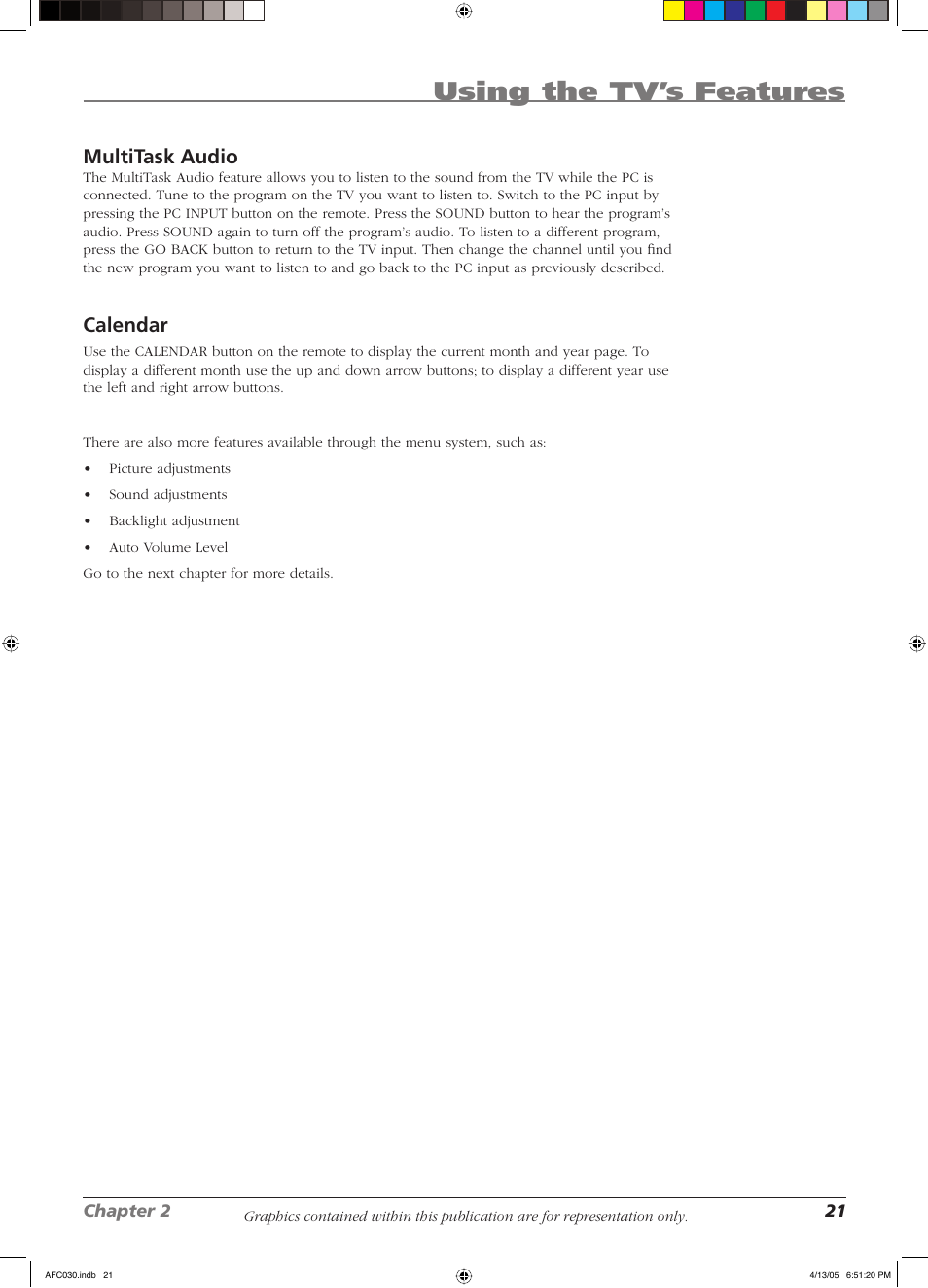 Using the tv’s features, Multitask audio, Calendar | RCA L23W10 User Manual | Page 25 / 36