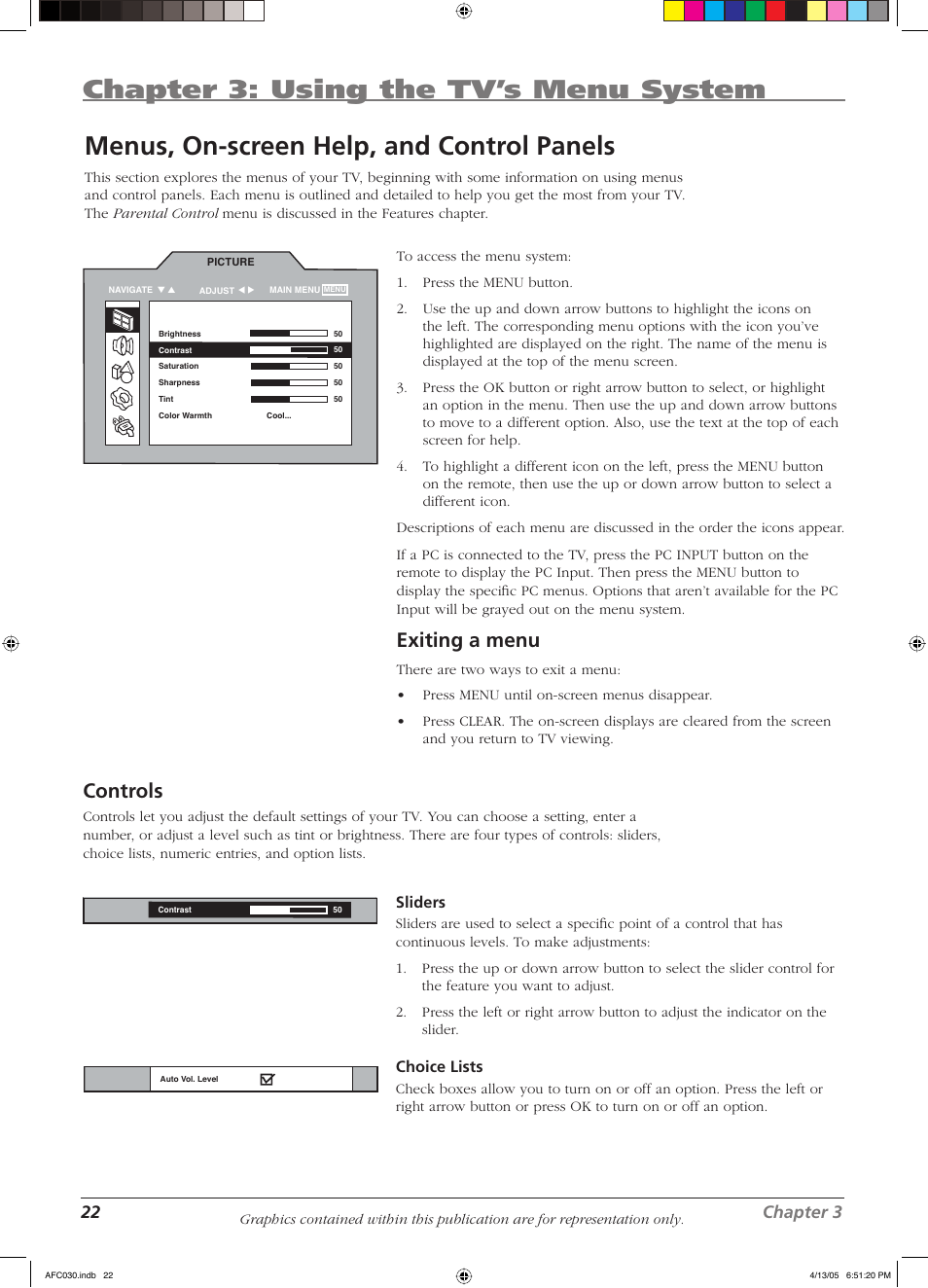 Chapter 3: using the tv’s menu system, Menus, on-screen help, and control panels, Exiting a menu | Control s, 22 chapter 3, Sliders, Choice lists | RCA L23W10 User Manual | Page 26 / 36