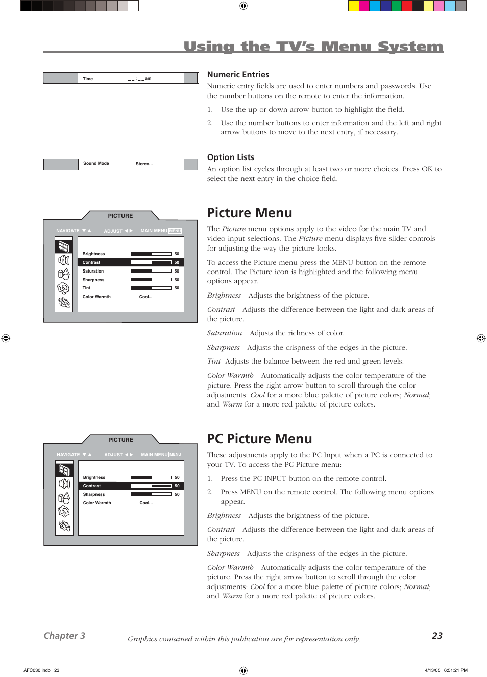 Using the tv’s menu system, Picture menu, Pc picture menu | Chapter 3 23, Numeric entries, Option lists | RCA L23W10 User Manual | Page 27 / 36