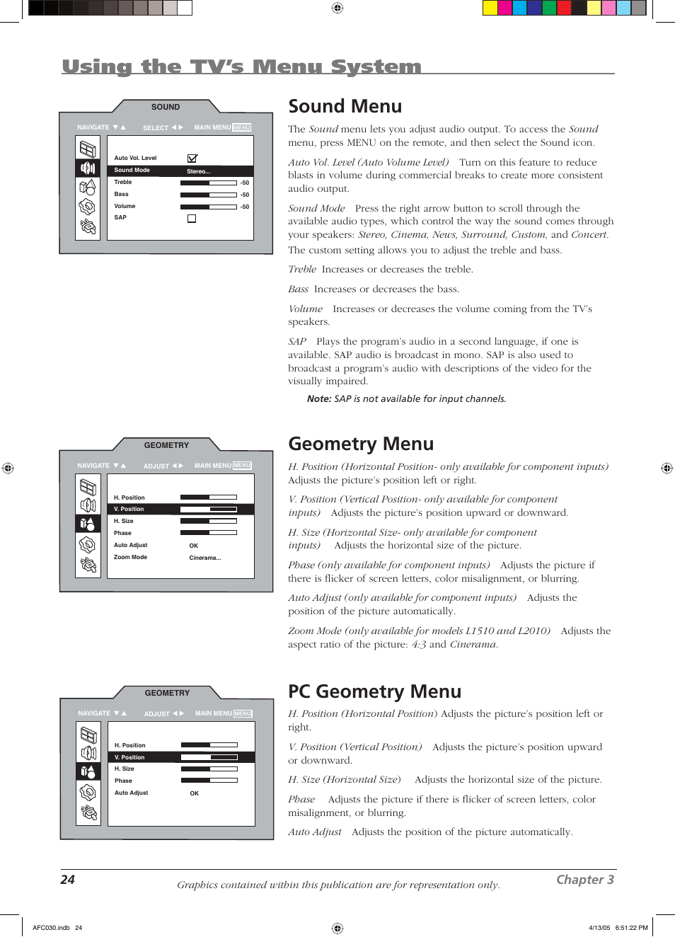 Using the tv’s menu system, Sound menu, Geometry menu | Pc geometry menu, 24 chapter 3 | RCA L23W10 User Manual | Page 28 / 36