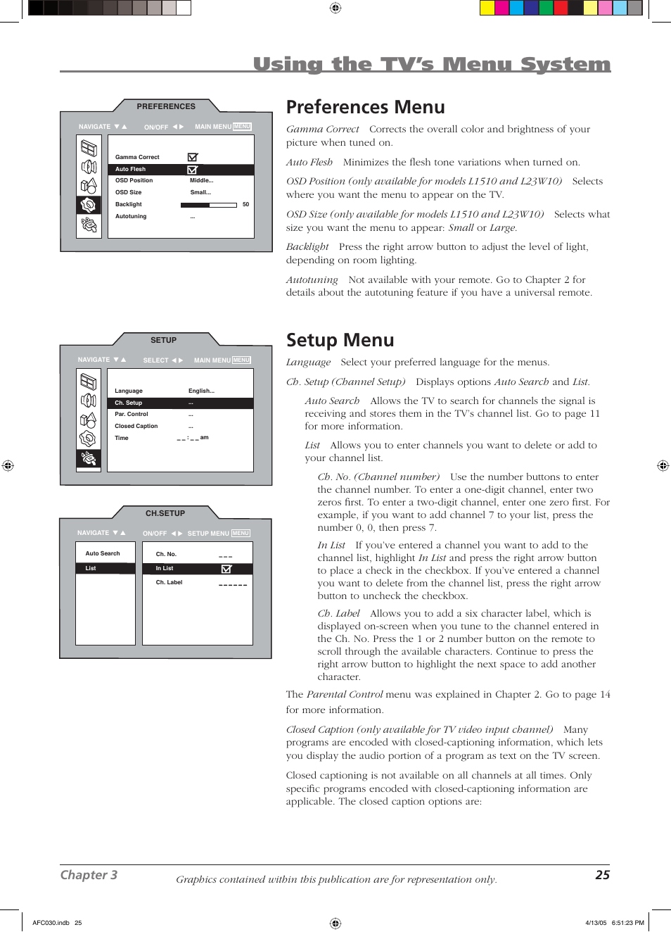 Using the tv’s menu system, Preferences menu, Setup menu | Chapter 3 25 | RCA L23W10 User Manual | Page 29 / 36