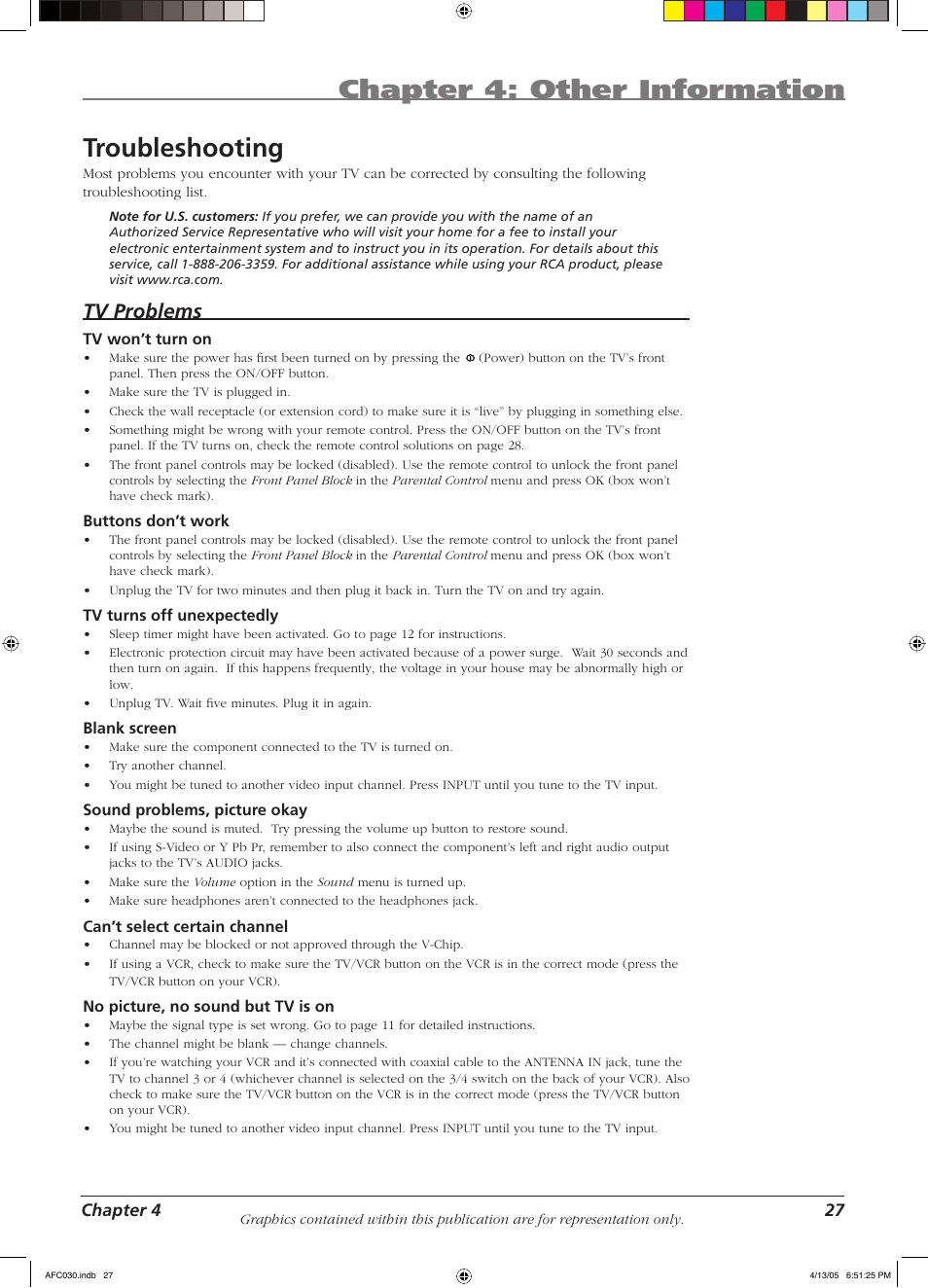 Chapter 4: other information, Troubleshooting, Tv problems | RCA L23W10 User Manual | Page 31 / 36