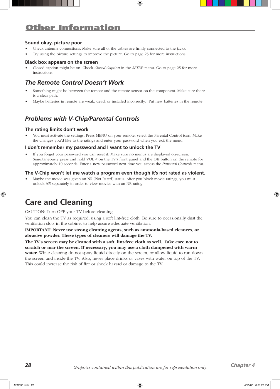 Other information, Care and cleaning, The remote control doesn’t work | Problems with v-chip/parental controls | RCA L23W10 User Manual | Page 32 / 36