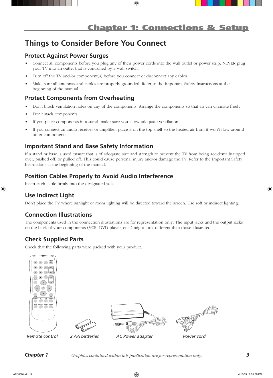 Chapter 1: connections & setup, Things to consider before you connect, Protect against power surges | Protect components from overheating, Important stand and base safety information, Use indirect light, Connection illustrations, Check supplied parts, Chapter 1 3, Insert each cable fi rmly into the designated jack | RCA L23W10 User Manual | Page 7 / 36