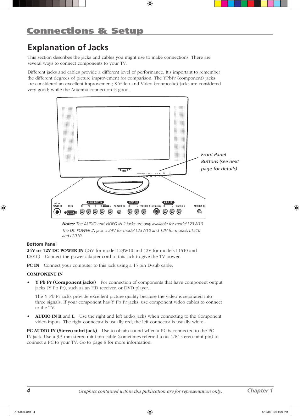 Connections & setup, Explanation of jacks, 4chapter 1 | Front panel buttons (see next page for details) | RCA L23W10 User Manual | Page 8 / 36