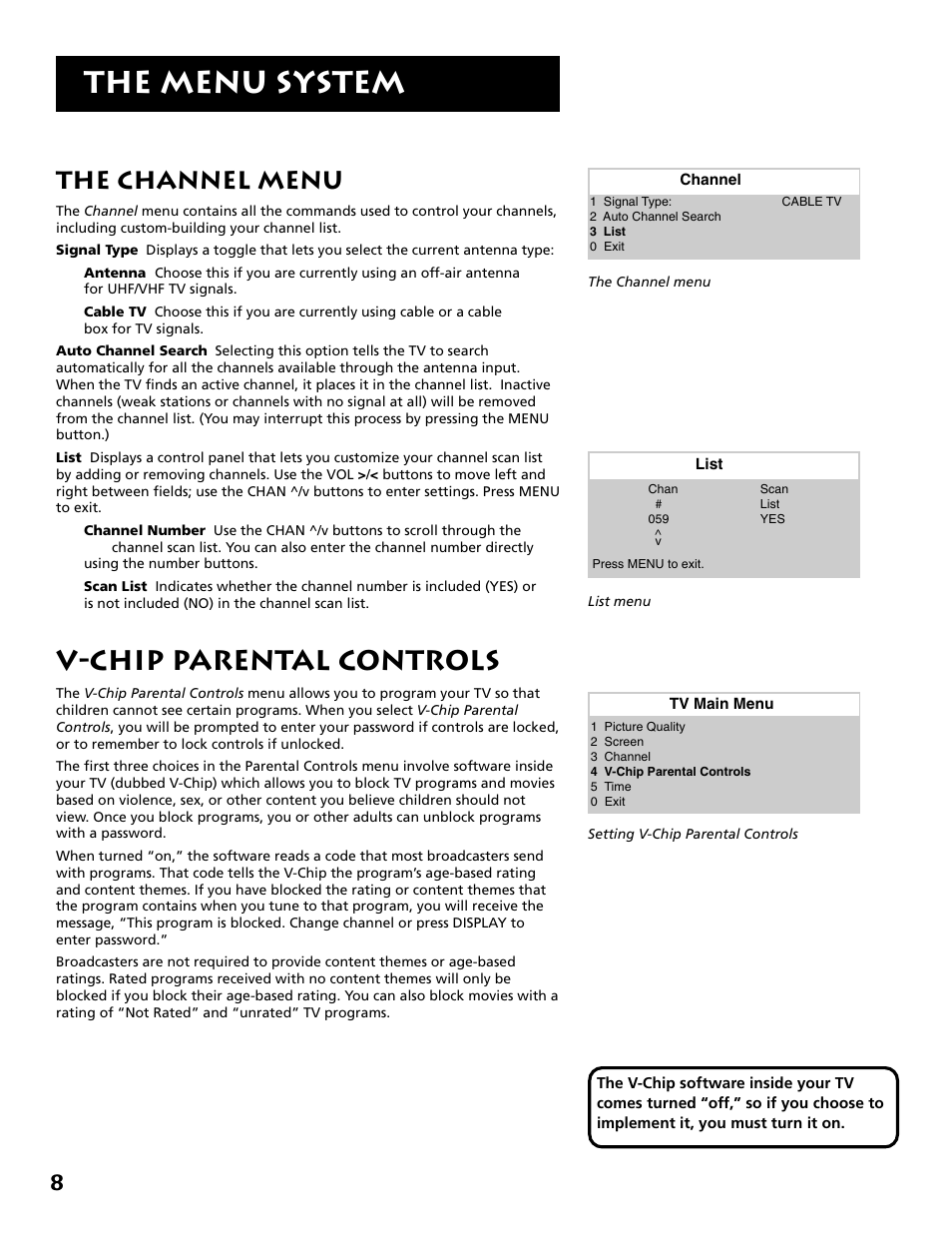The menu system, V-chip parental controls, The channel menu | RCA RCU500 User Manual | Page 10 / 20