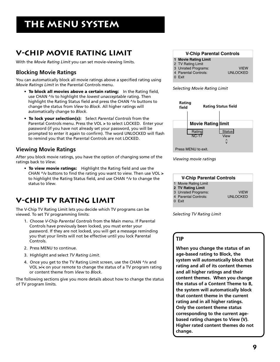 The menu system, V-chip movie rating limit, V-chip tv rating limit | Blocking movie ratings, Viewing movie ratings | RCA RCU500 User Manual | Page 11 / 20