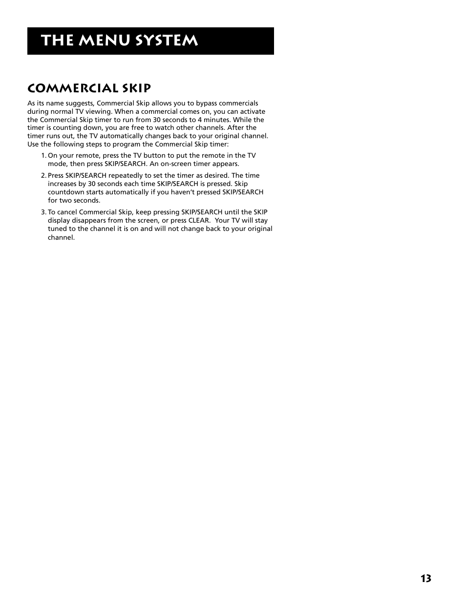 The menu system, Commercial skip | RCA RCU500 User Manual | Page 15 / 20