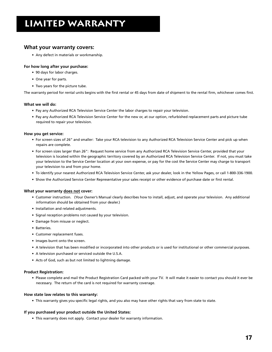 Limited warranty, What your warranty covers | RCA RCU500 User Manual | Page 19 / 20