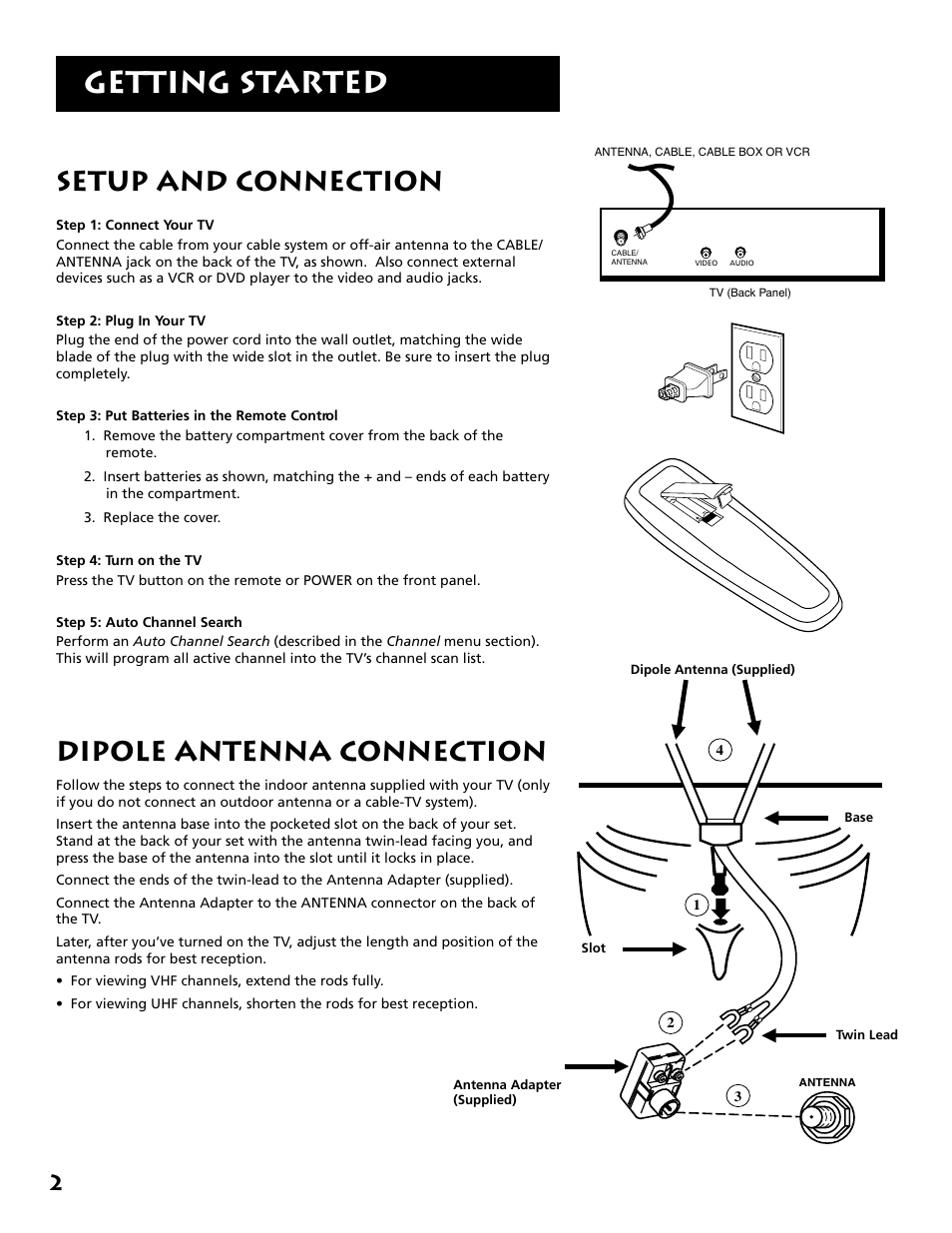 Getting started, Setup and connection, Dipole antenna connection | RCA RCU500 User Manual | Page 4 / 20