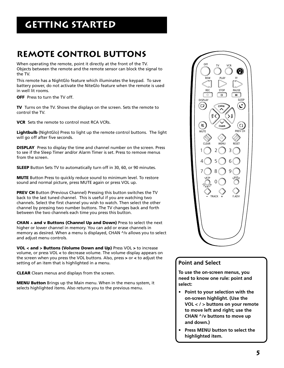 Getting started, Remote control buttons, Point and select | RCA RCU500 User Manual | Page 7 / 20