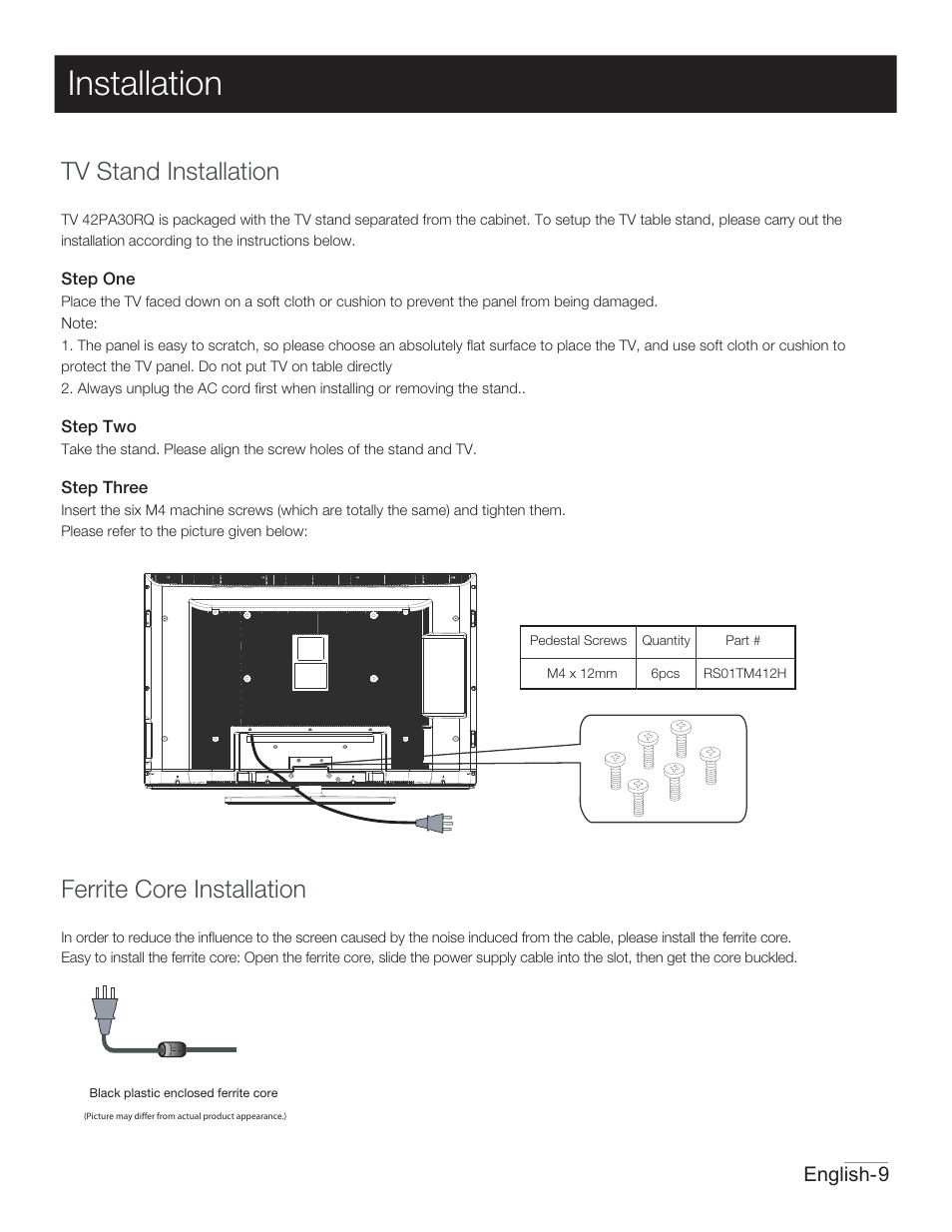 P07.pdf, Installation, Tv stand installation | Ferrite core installation, 9english | RCA 42PA30RQ User Manual | Page 10 / 88