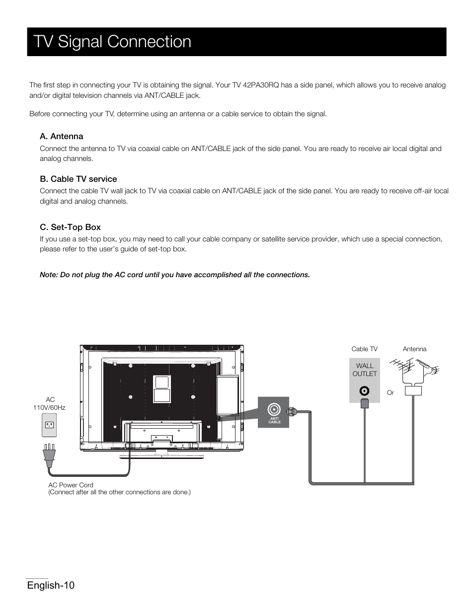 P08.pdf, Tv signal connection, English-10 | RCA 42PA30RQ User Manual | Page 11 / 88