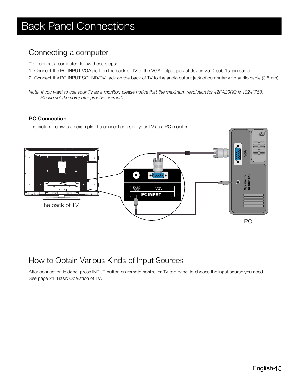 P13.pdf, Back panel connections, Connecting a computer | How to obtain various kinds of input sources | RCA 42PA30RQ User Manual | Page 16 / 88