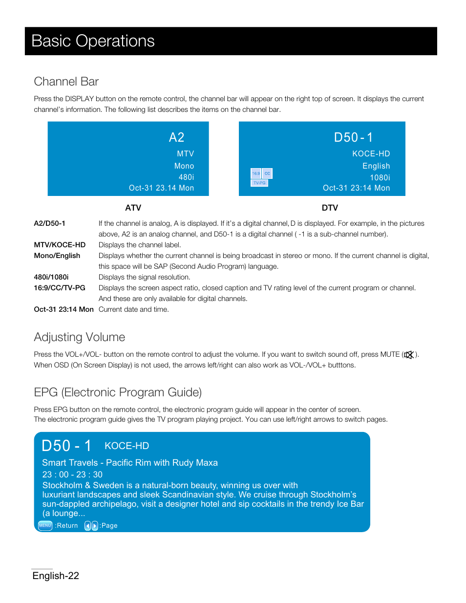 P20.pdf, Basic operations, D50 - 1 | Channel bar, Adjusting volume, Epg (electronic program guide) | RCA 42PA30RQ User Manual | Page 23 / 88