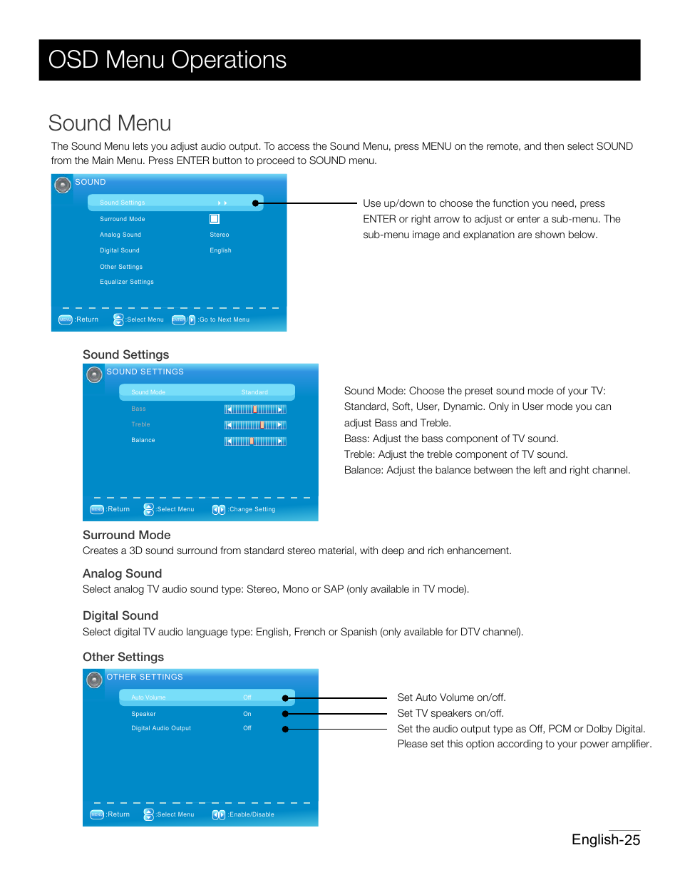 P23.pdf, Osd menu operations, Sound menu | 25 english, Sound settings surround mode, Analog sound, Digital sound other settings | RCA 42PA30RQ User Manual | Page 26 / 88