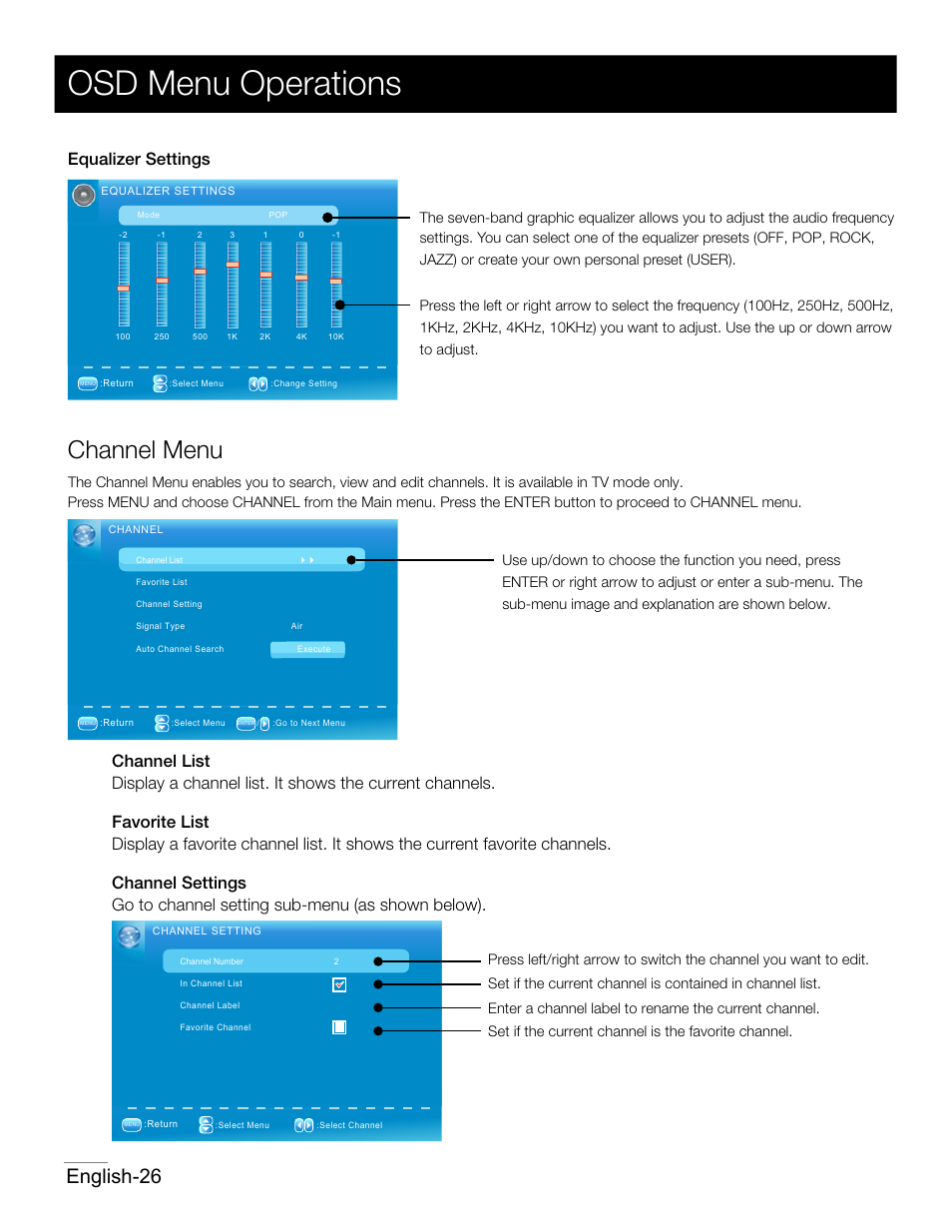 P24.pdf, Osd menu operations, Channel menu | English-26, Equalizer settings, Set if the current channel is the favorite channel | RCA 42PA30RQ User Manual | Page 27 / 88