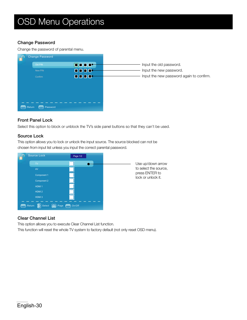 P28.pdf, Osd menu operations, English-30 | Front panel lock, Source lock, Clear channel list, Change password | RCA 42PA30RQ User Manual | Page 31 / 88