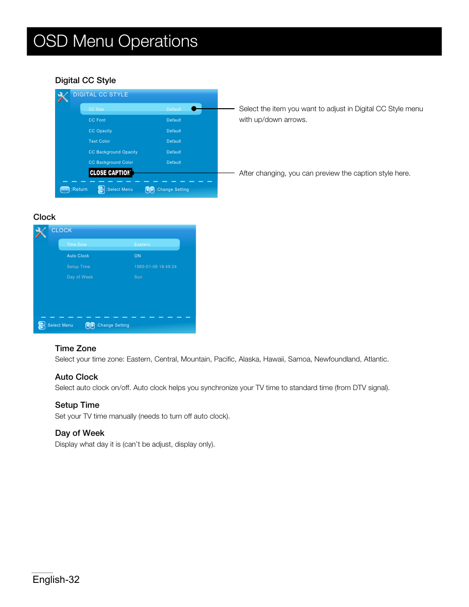P30.pdf, Osd menu operations, English-32 | Digital cc style clock time zone, Auto clock, Setup time, Day of week | RCA 42PA30RQ User Manual | Page 33 / 88