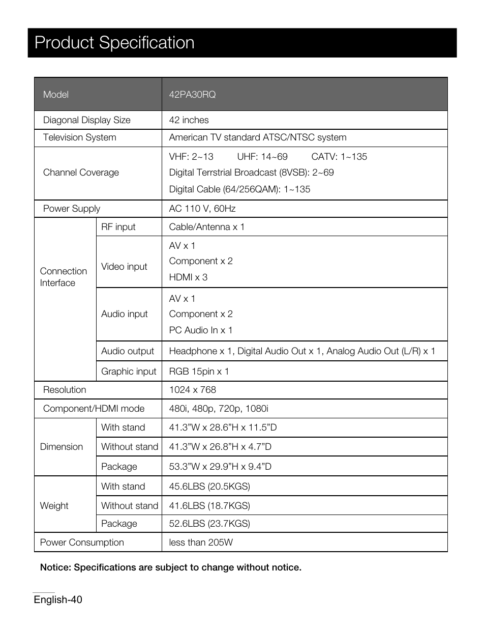 P38.pdf, Product speciﬁcation | RCA 42PA30RQ User Manual | Page 41 / 88