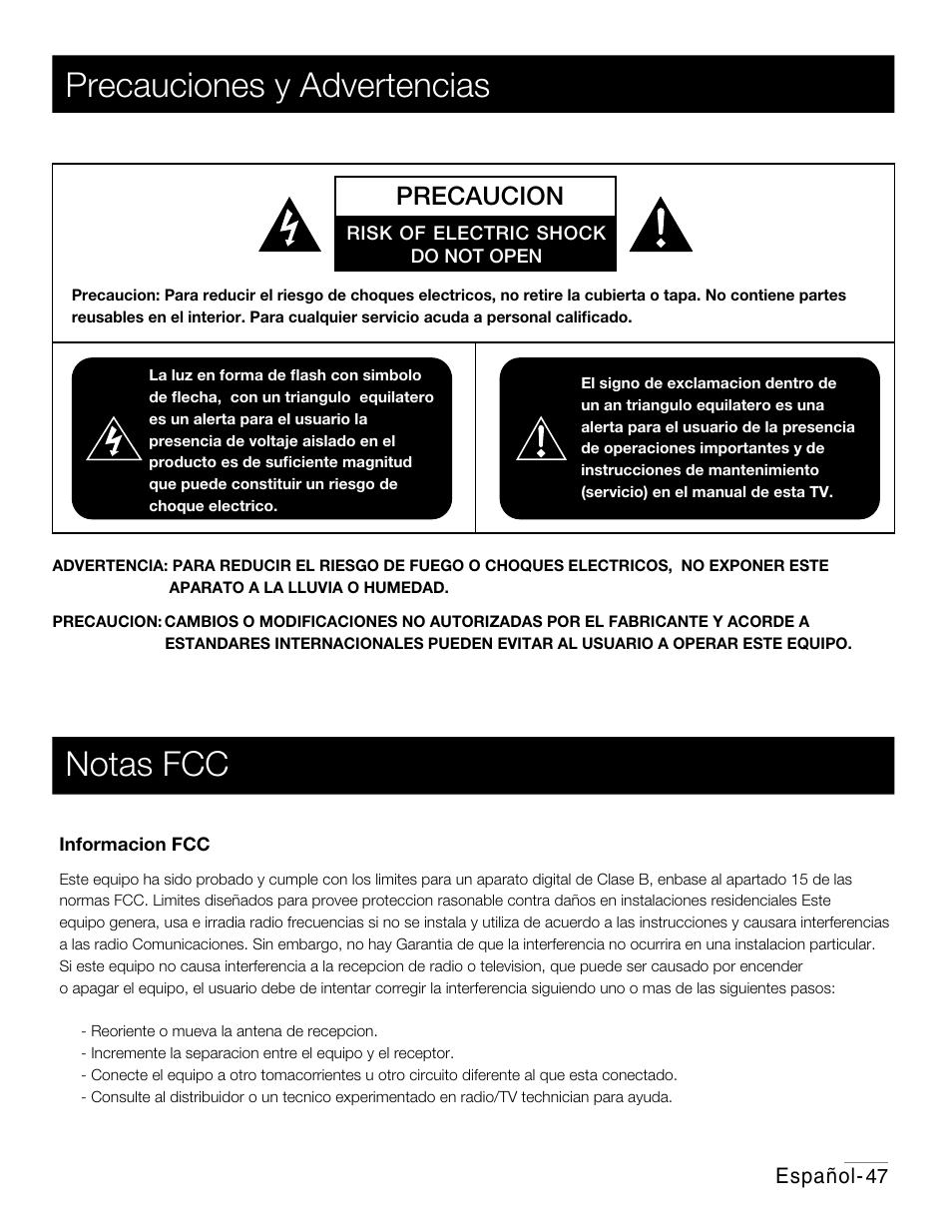 P41.pdf, Notas fcc precauciones y advertencias, Precaucion | RCA 42PA30RQ User Manual | Page 50 / 88