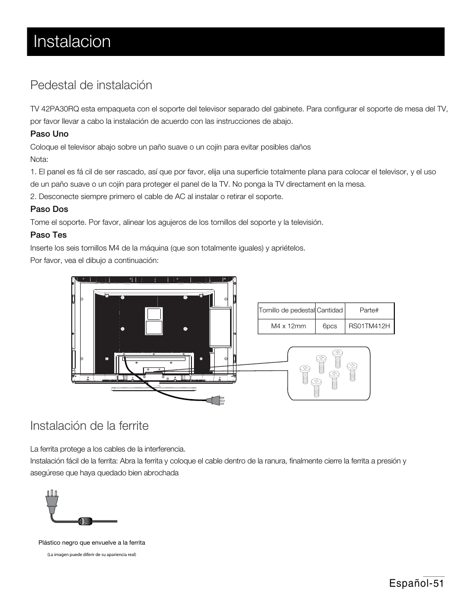 P45.pdf, Instalacion, Pedestal de instalación | Instalación de la ferrite, Español | RCA 42PA30RQ User Manual | Page 54 / 88