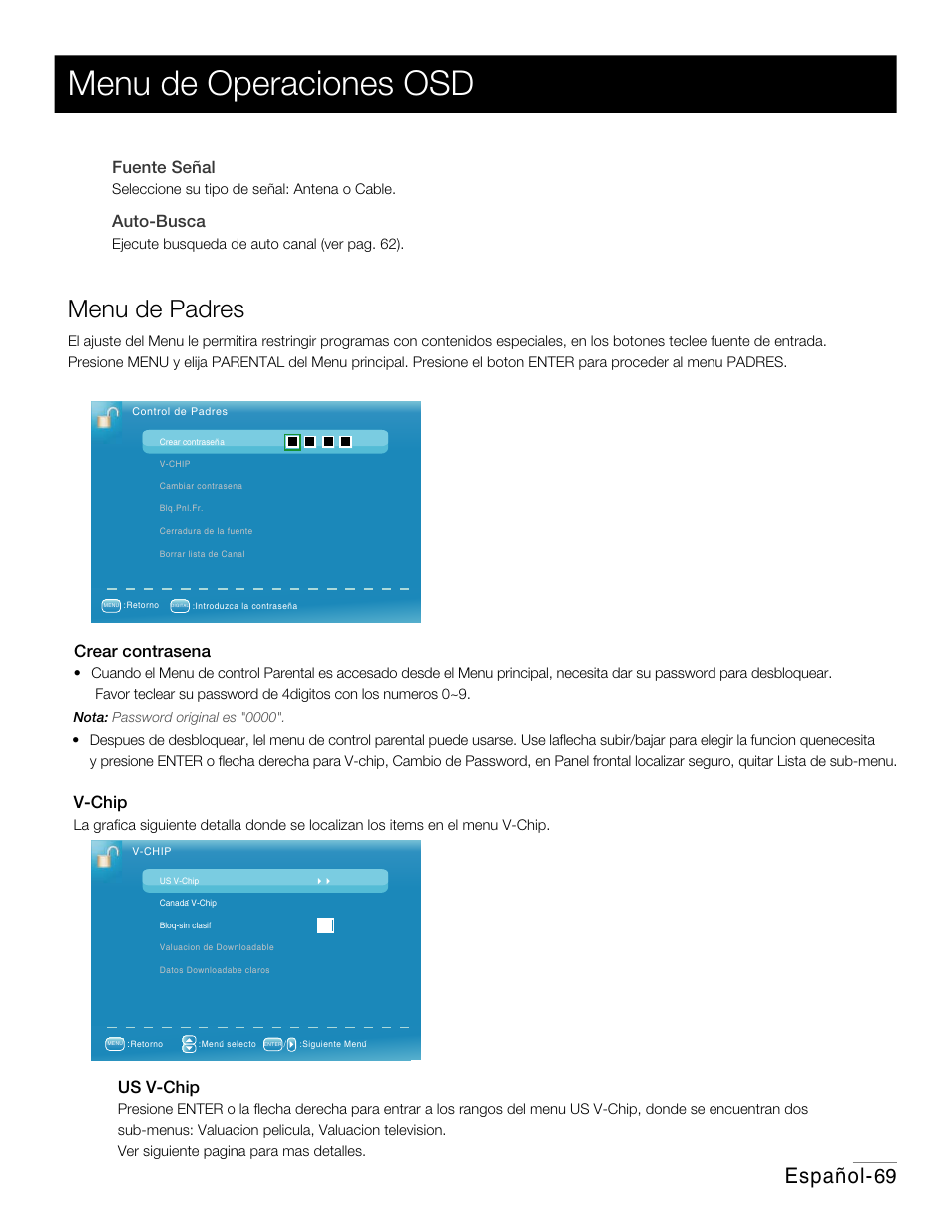 P63.pdf, Menu de operaciones osd, Menu de padres | Español, Fuente señal, Auto-busca, V-chip crear contrasena, Us v-chip | RCA 42PA30RQ User Manual | Page 72 / 88