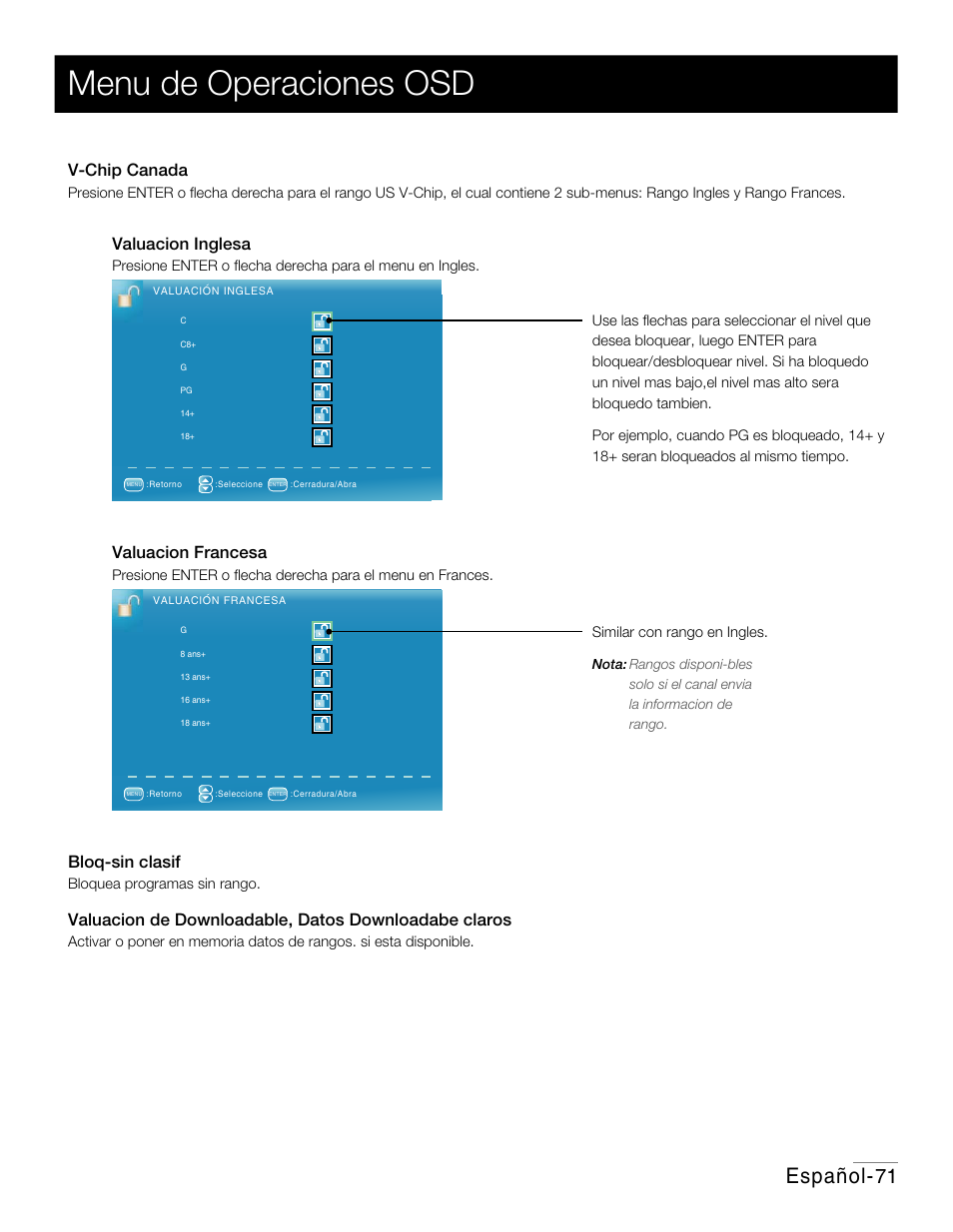 P65.pdf, Menu de operaciones osd, Español | V-chip canada, Valuacion inglesa, Valuacion francesa, Bloq-sin clasif | RCA 42PA30RQ User Manual | Page 74 / 88